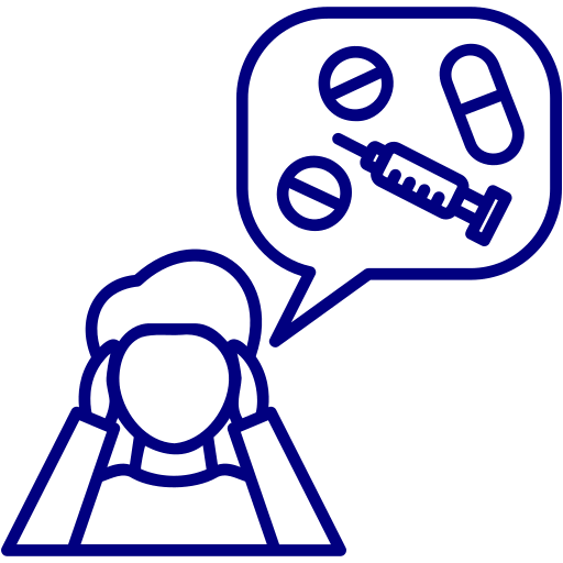 Icon of a person discussing medication, including pills and an injection, representing medical consultation or treatment