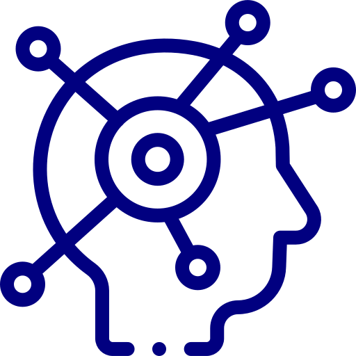 Icon representing mental health and cognitive processes, featuring a head outline connected with molecular structures symbolizing neurological or psychological analysis
