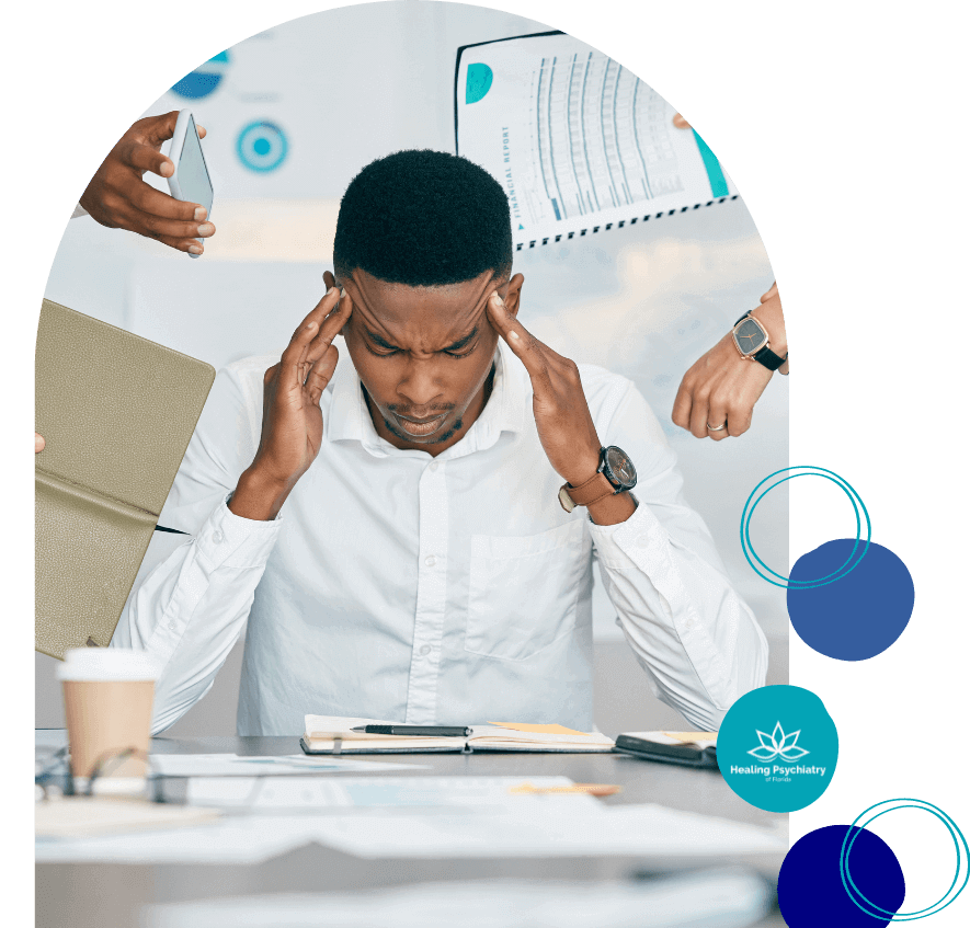Anxiety psychiatrist altamonte springs, florida 1 Man holding his head with multiple hands around him holding different items, depicting stress and the need for anxiety treatment in Altamonte Springs.