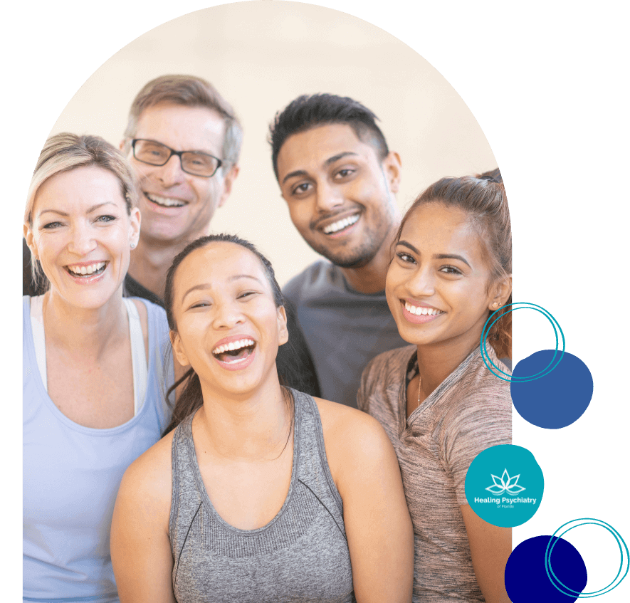 depression therapy altamonte springs, florida Diverse group of people smiling together in a fitness class, embodying the community support found at Altamonte Springs depression therapy groups.