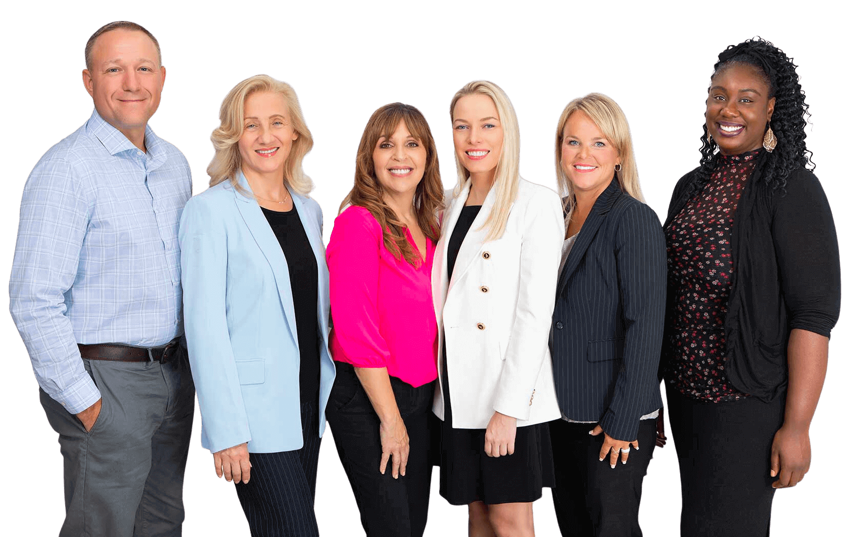 Group photo of the professional team at Healing Psychiatry of Florida, featuring six therapists and psychiatrists in formal attire