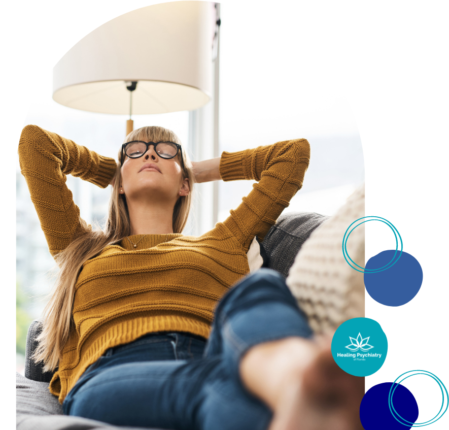 Woman resting comfortably at home, reflecting on the healing journey with her EMDR psychiatrist in Altamonte Springs, Florida, symbolizing relaxation and mental clarity.