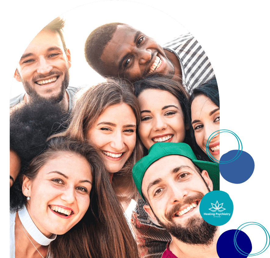 Gathering of vibrant individuals, likely benefitting from Anxiety Treatment in Sanford, sharing a moment of joy and connectedness.