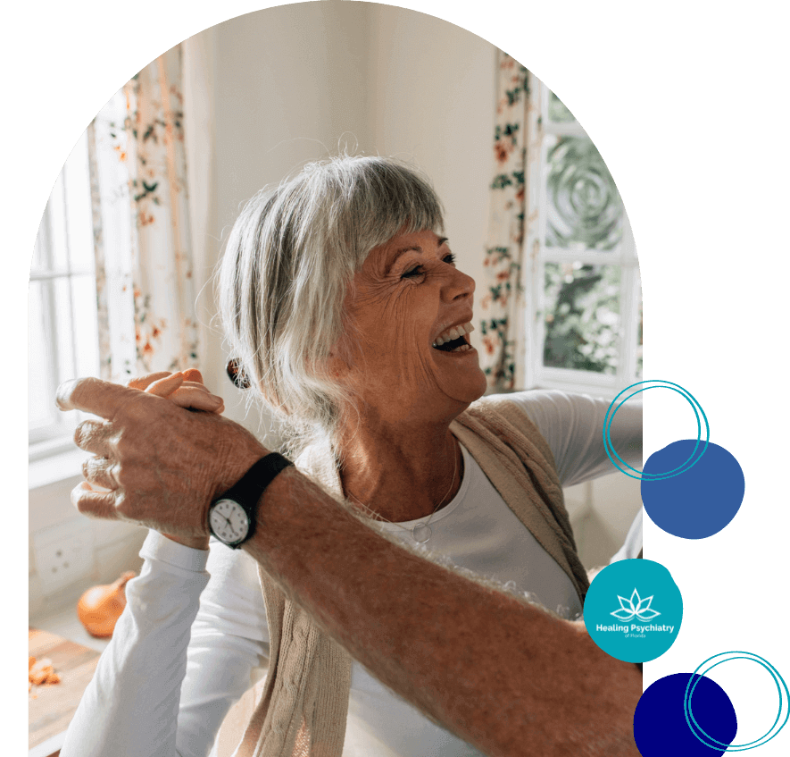 Elderly lady sharing a heartfelt laugh, highlighting the positive effects of compassionate depression treatment in Sanford, reflecting the personalized support available to enhance mental wellness.