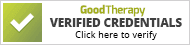 GoodTherapy Verified Credentials badge with a checkmark and a prompt to 'click here to verify